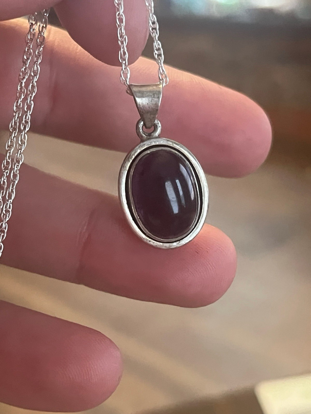Signed Sterling Silver 925 Rope Chain Necklace w/ Oval Bezel Charm Pendant
