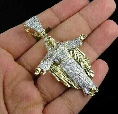 Lab Created Diamond Men’s 2Ct Round Jesus Charm Pendant 14k Yellow Gold Plated