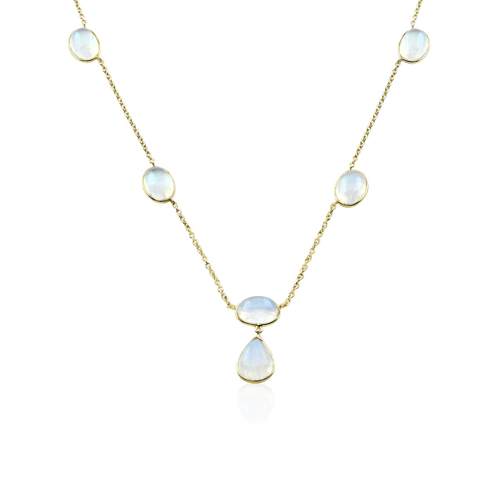 Solid 14K Yellow Gold Genuine Rainbow Moonstone Charm Necklace June Birthstone