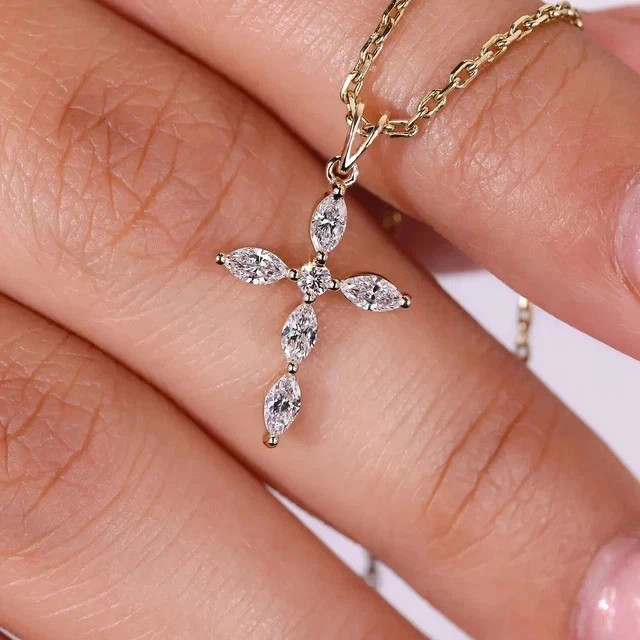 1Ct Marquise Cut Lab Created Diamond Women’ Cross Pendant 14K Yellow Gold Plated