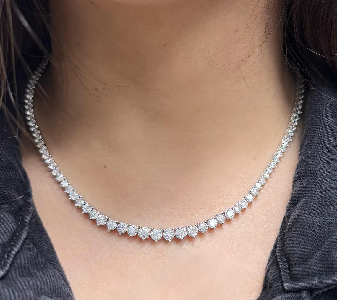 9Ct Round Lab Created Graduated Diamond Tennis Necklace 18″ 14k White Gold FN