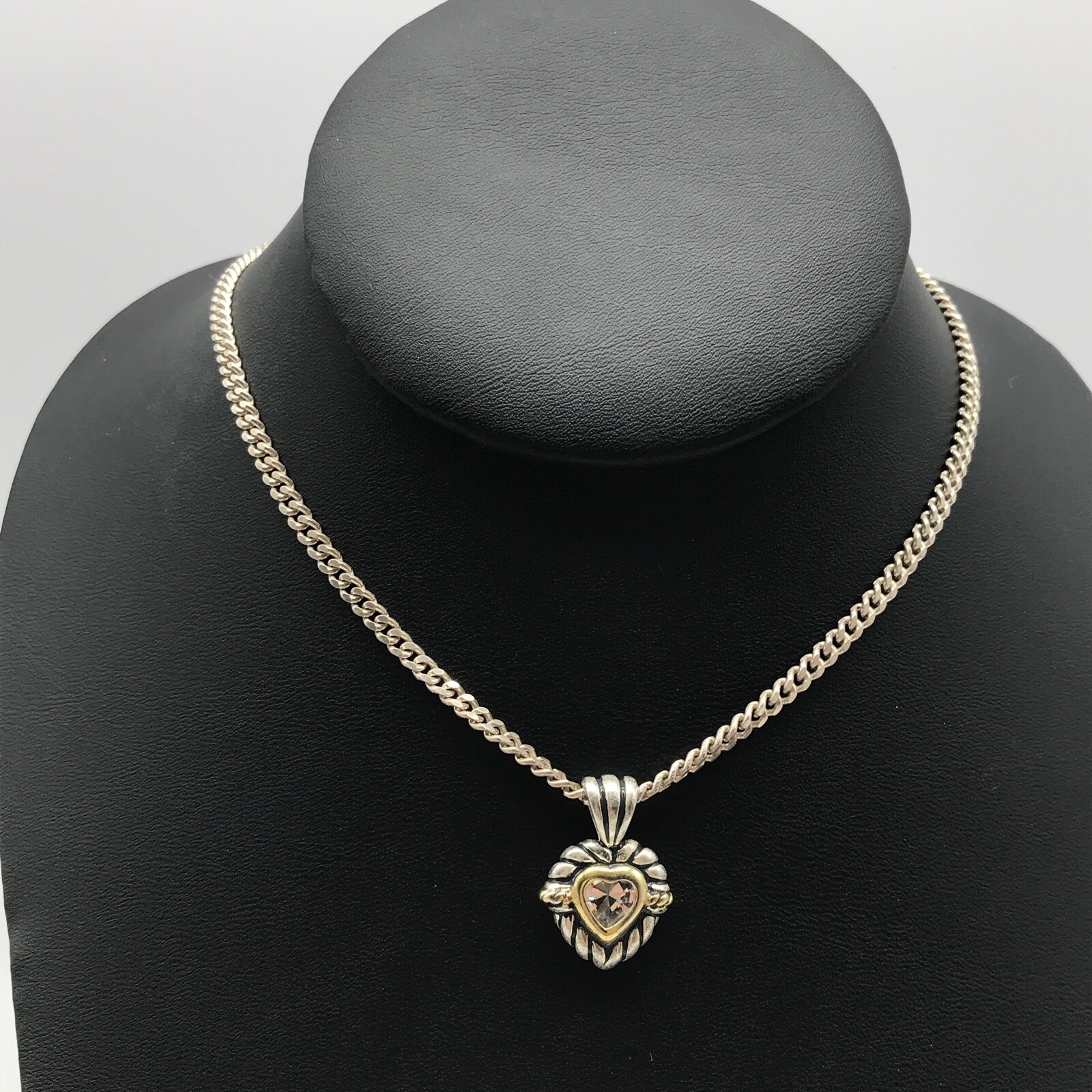 925 Sterling Silver Clear CZ Heart Two Tone Pendant Curb Chain Necklace 18″