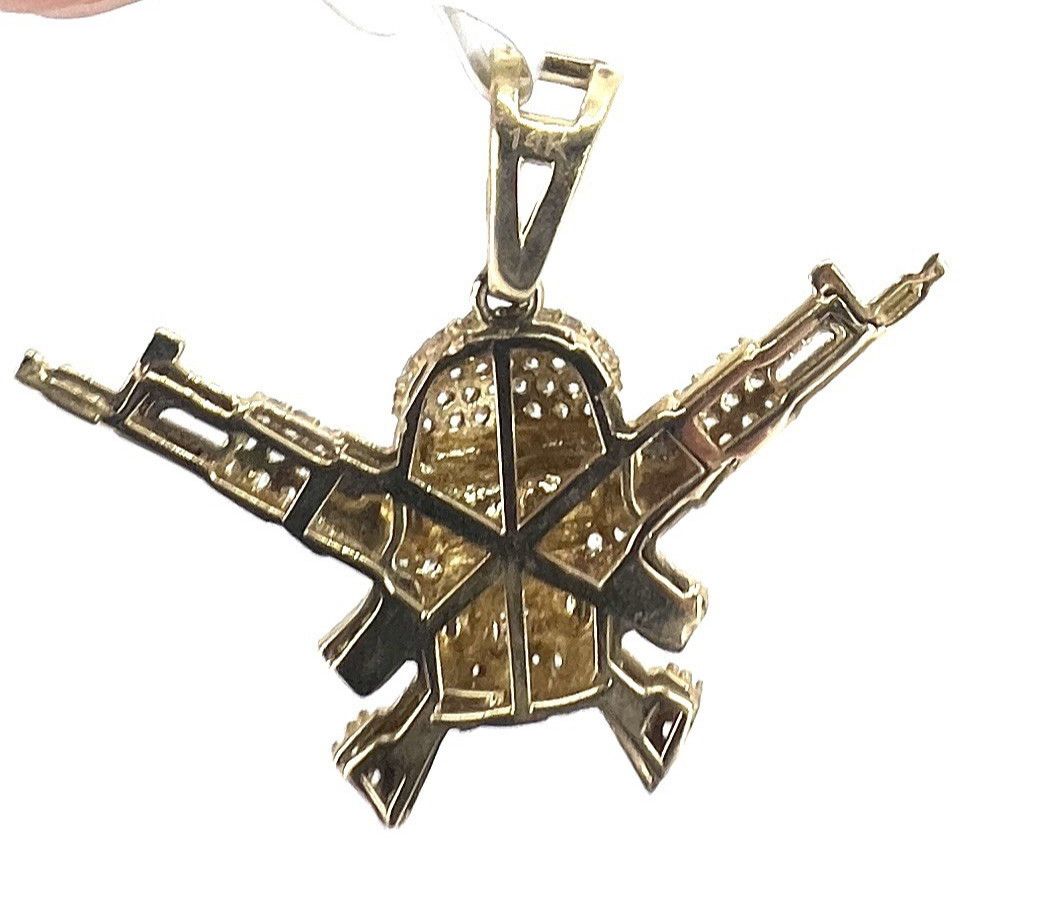 14K Solid Yellow Gold Skull Crossed Rifles Pendant CZ Pave Outlaw Guns