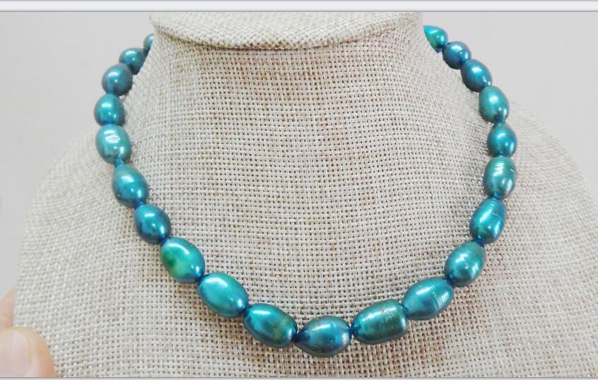 Huge 22″10x14mm natural south sea genuine green blue peacock pearl necklace 14K