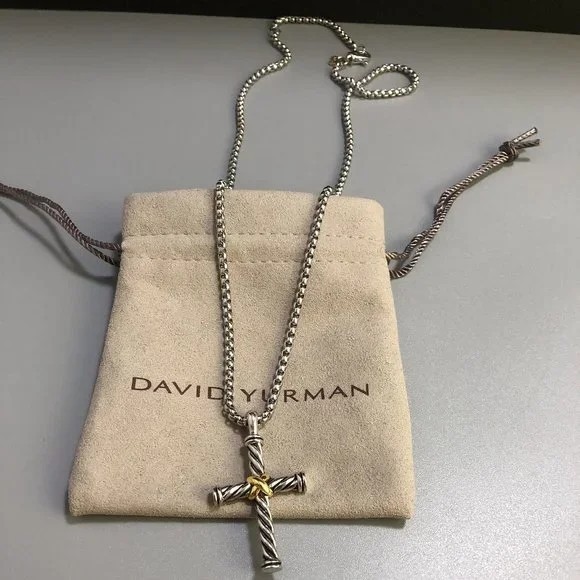 David Yurman Sterling Silver + 14k Gold Cross Pendant, DY 18-20” Necklace