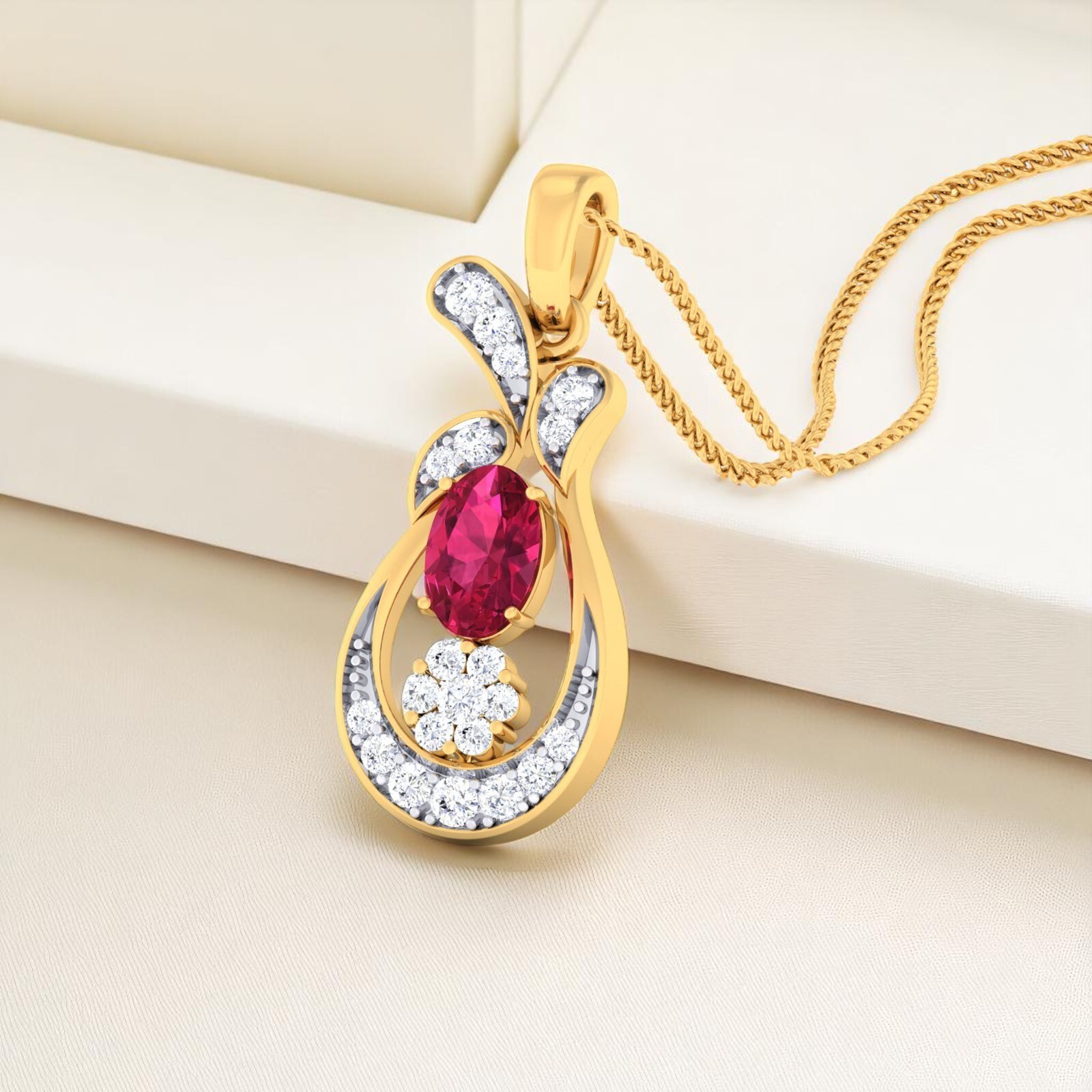 1.20 Ct F/VS1 Round Brilliant Cut Natural Diamonds Ruby Necklace 14K Yellow Gold