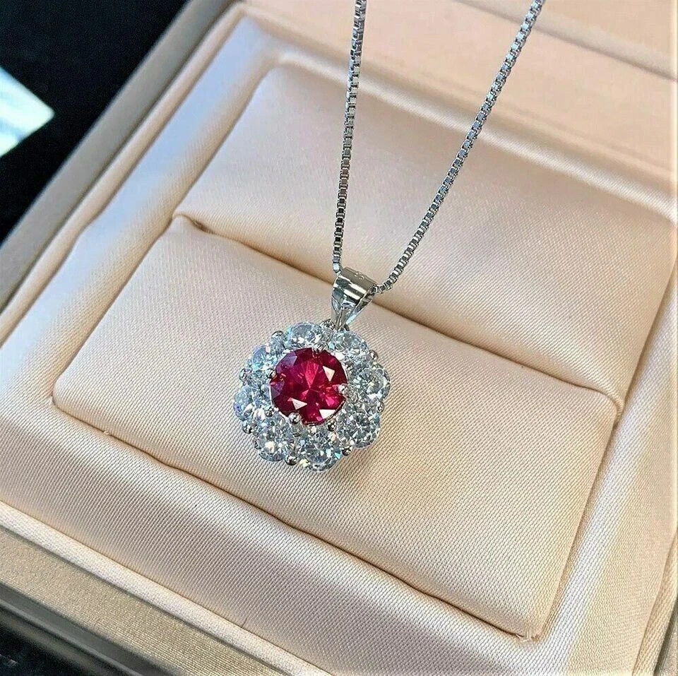 4Ct Round Cut Red Ruby Halo Women’s Pendant 18″ Free Chain 14K White Gold Finish