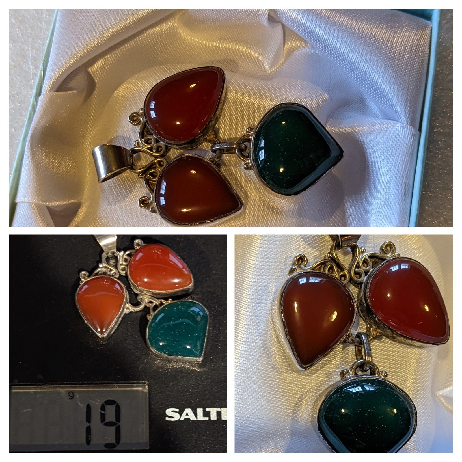 Vintage Hinged 3 Gemstone Pendant on German Silver Carnelian & Green 19g 55x35mm