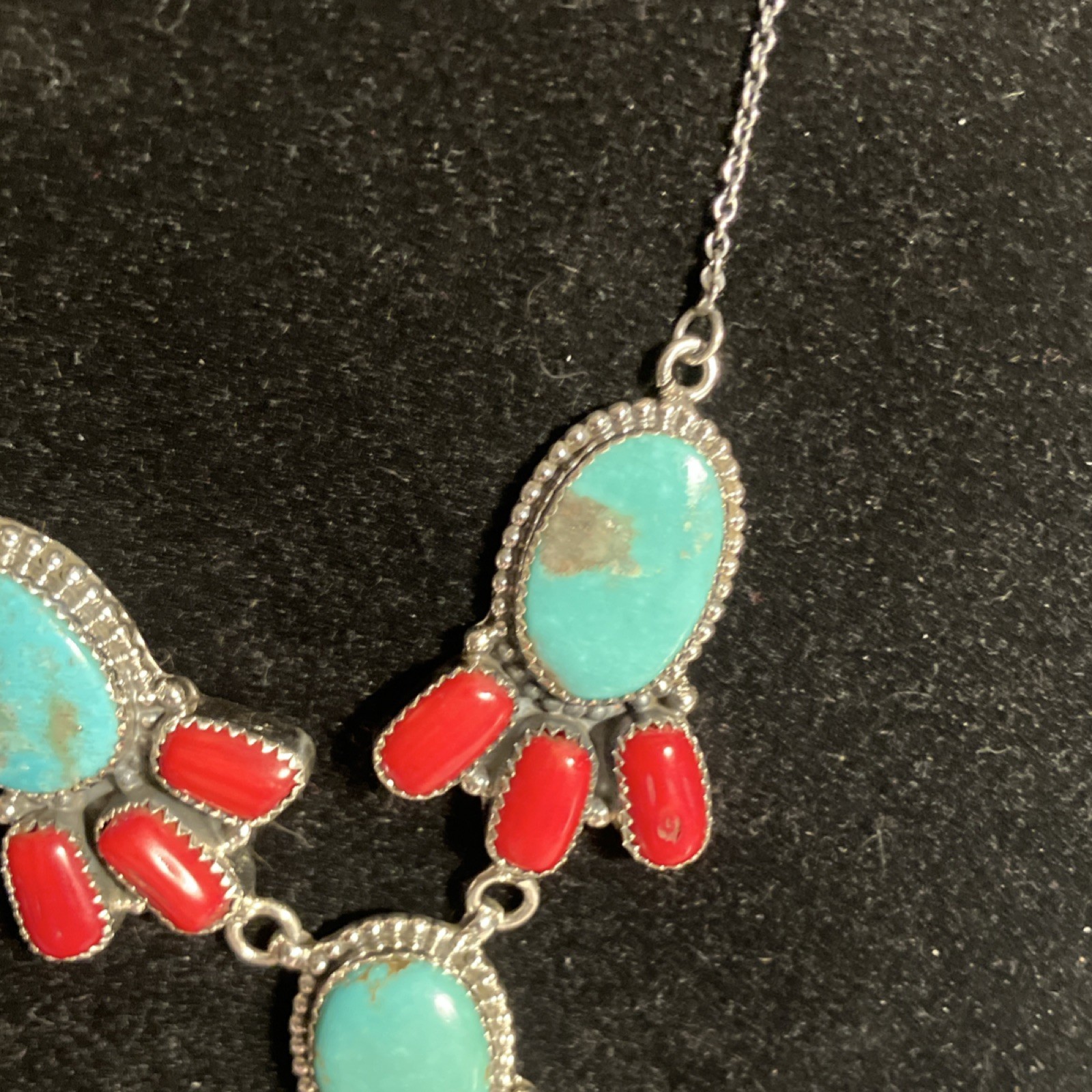Natural Turquoise & Mediterranean Coral Bezel Set Lariat 18” Necklace 39gm Red