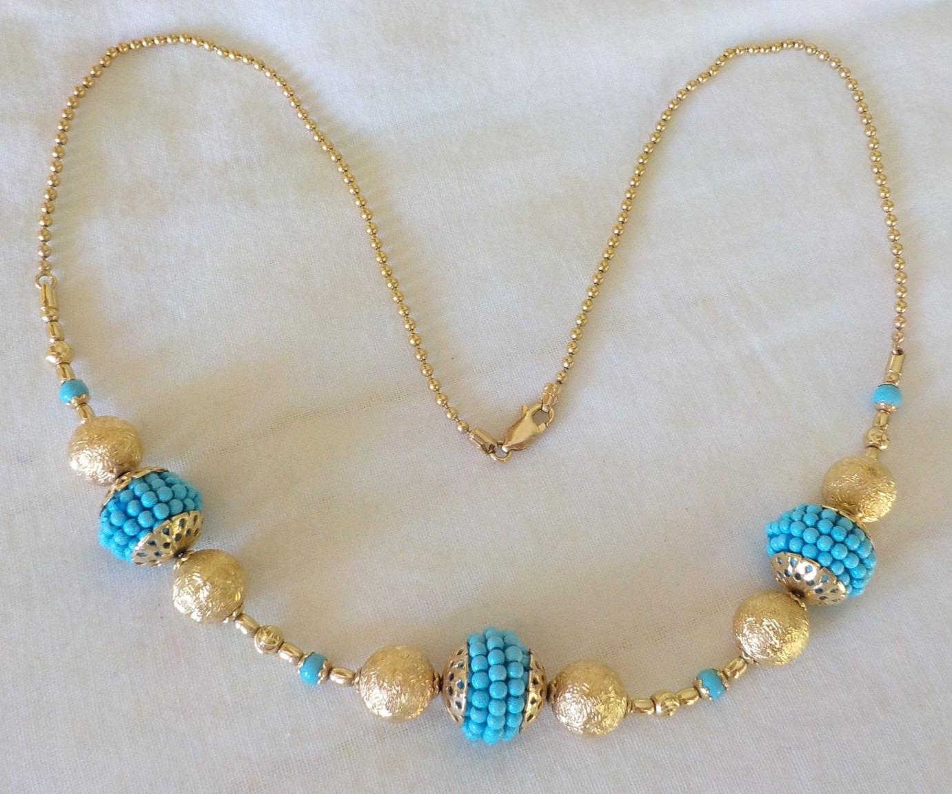 Solid 14K Yellow Gold Beaded Turquoise Diamond Cut Necklace – 18.3 gms, 20.5 in