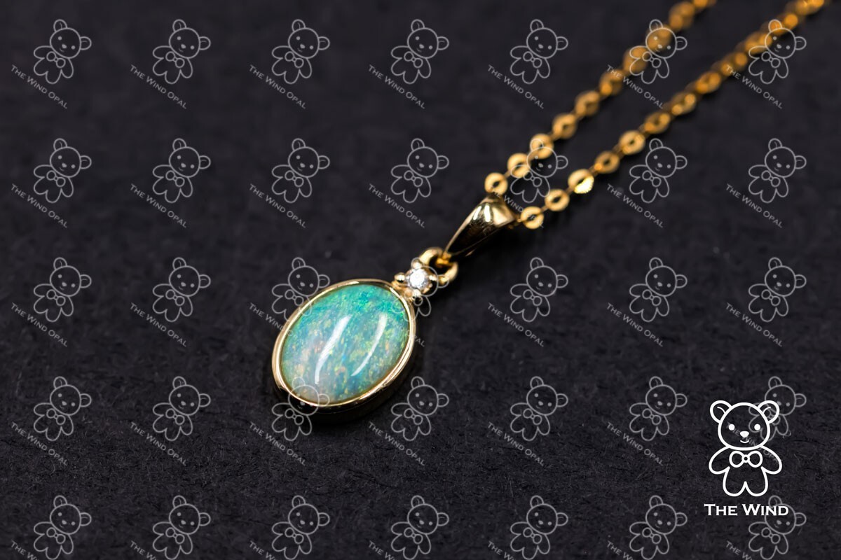 Minimalist Oval Australian Solid Opal & Diamond Pendant Necklace 18k Yellow Gold