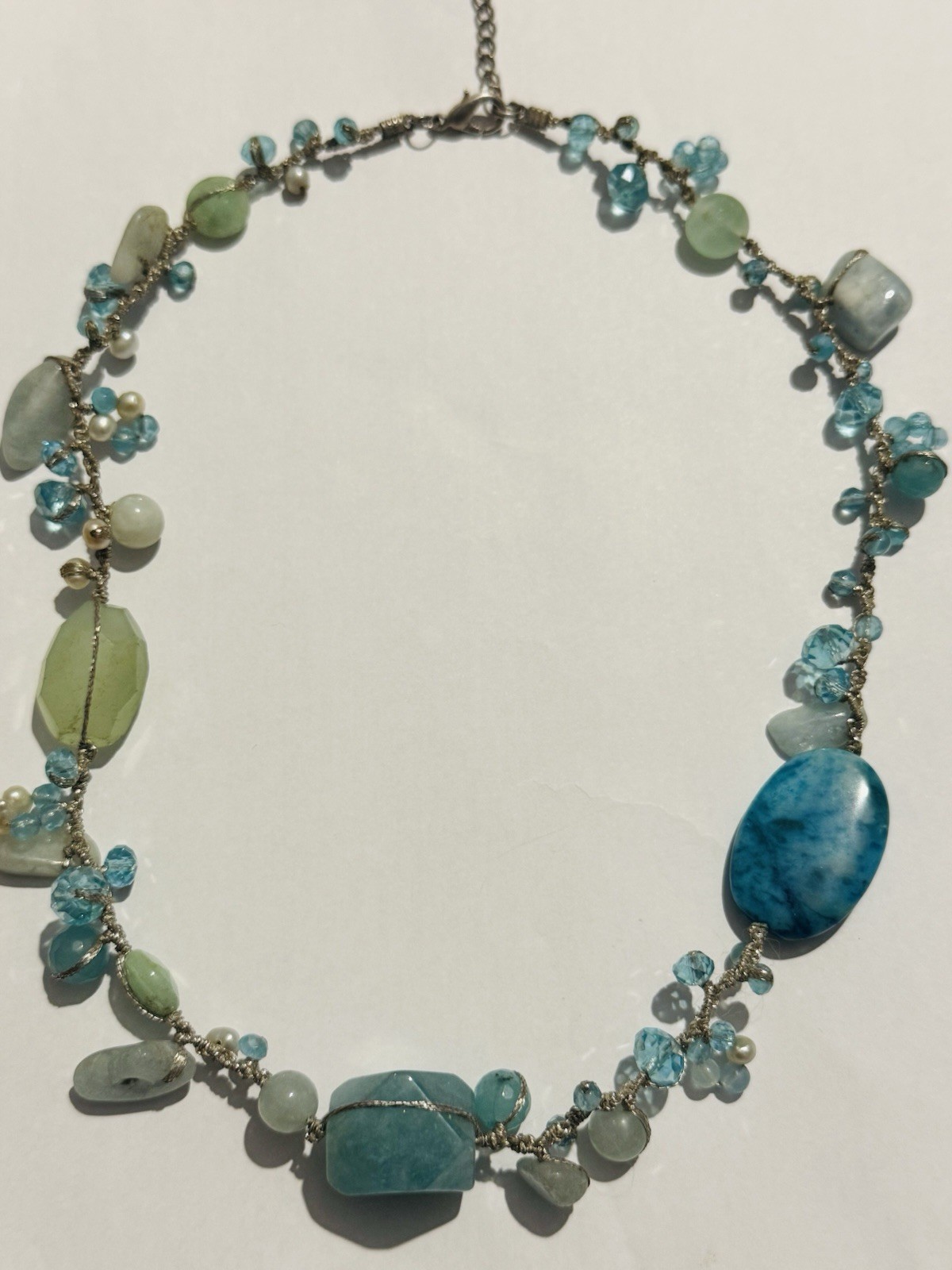 aquamarine gemstone necklace 11 inch length adjustable green and light blue