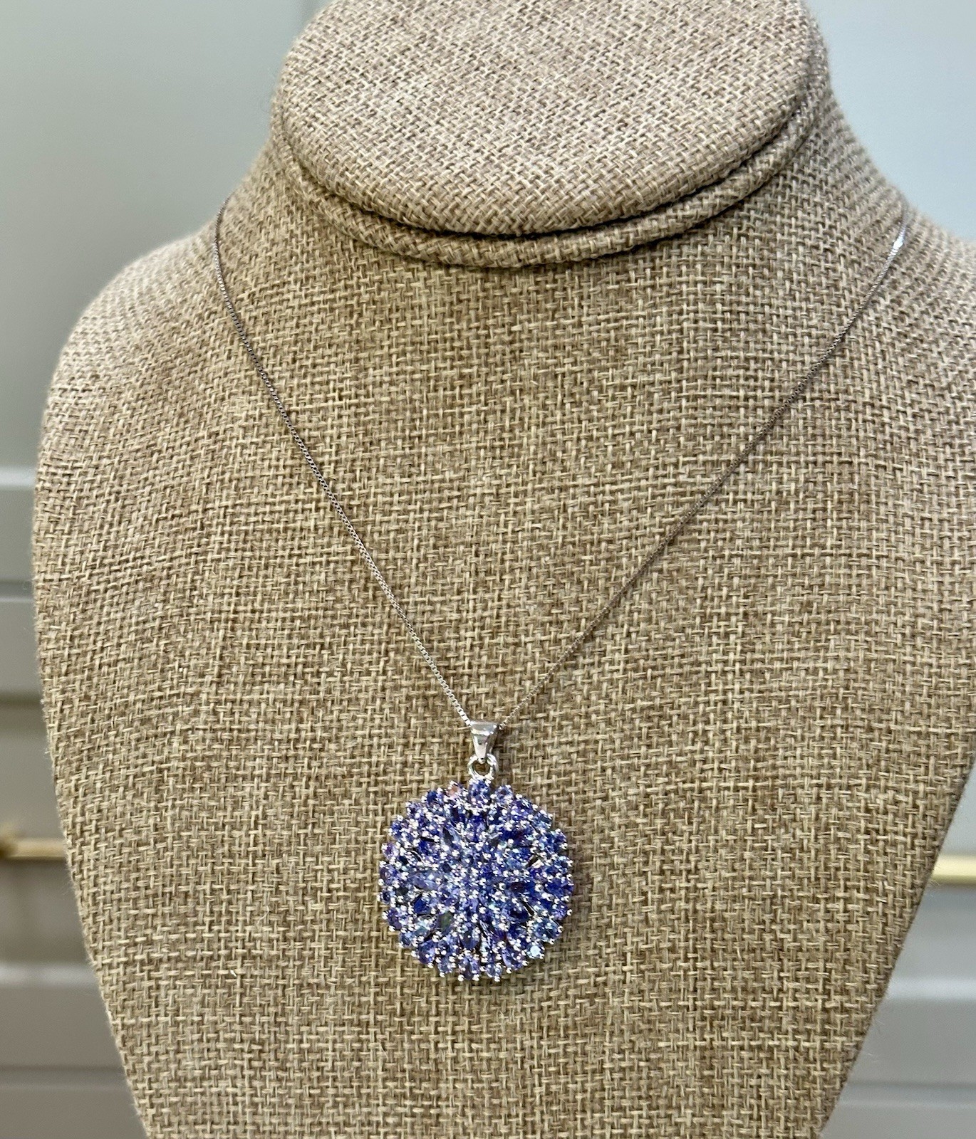 Tanzanite Marquise & Round Sterling Silver Cluster Pendant BBJ, On 20” 925 Chain