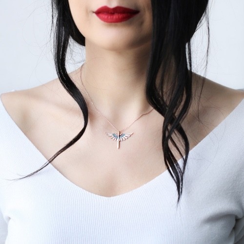925 Sterling Silver Phoenix Sword Necklace Rose Gold Plated Turquoise Wings Gift