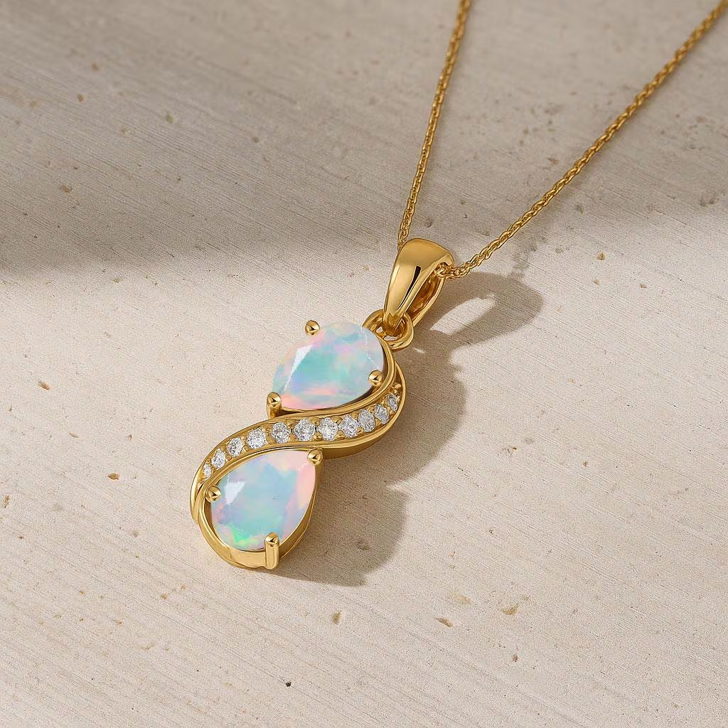 Multifire White Opal Gemstone Charm Gold Pendant, Ethiopian Opal Chain Pendant