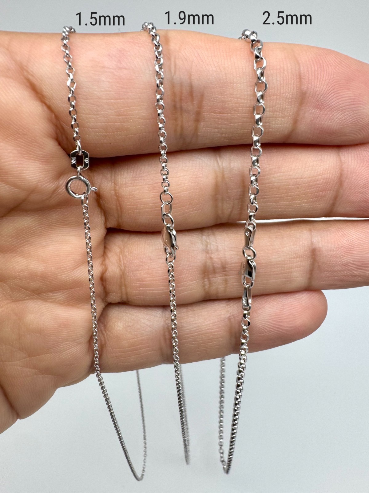 14K White Real Gold Rolo Chain Necklace Women Diamond Cut Round Link 1.5–2.5mm