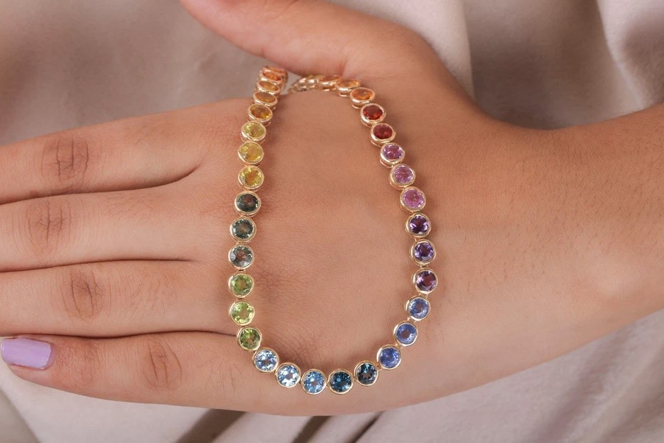Rainbow Sapphire Tennis Necklace Solid 14kYellow Gold Layering Colorful Necklace