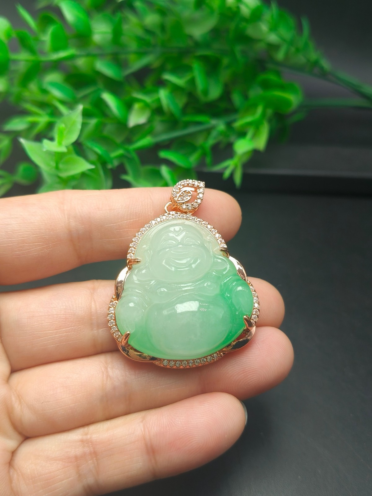 Natural Jadeite light green Carved Smiling Buddha Lucky Pendant 笑佛