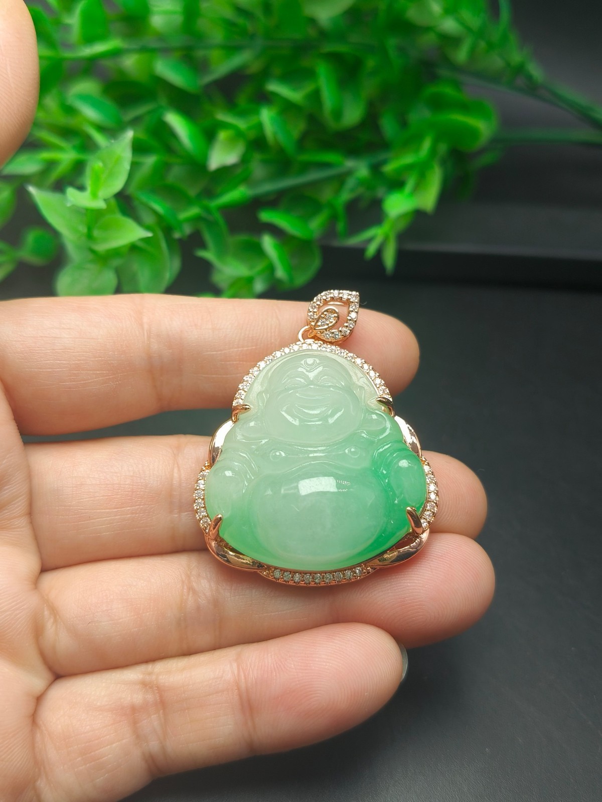 Natural Jadeite light green Carved Smiling Buddha Lucky Pendant 笑佛