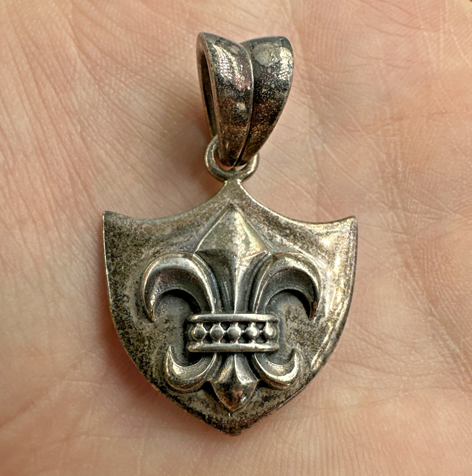 Vtg Sterling Silver Reversible Fleur De Lis Cross Pendant Shield Crest 18g 1.5”