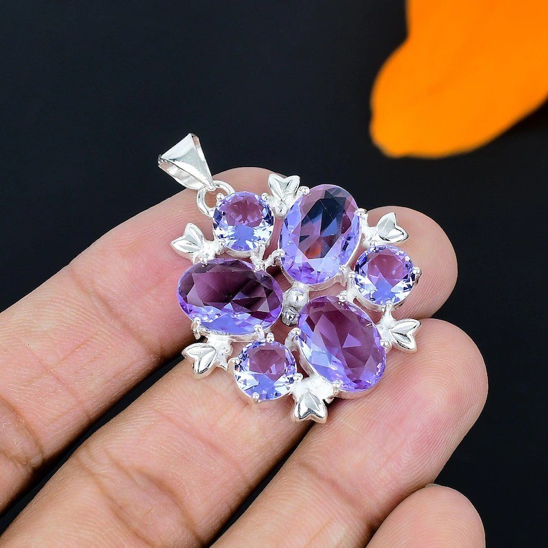 Alexandrite Floral Gemstone Pendant 925 Sterling Silver Handmade Jewelry