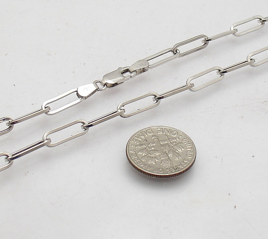 Fashion Elongated Paper Clip Chain Necklace Real 14K White Gold 14″ thru 46″
