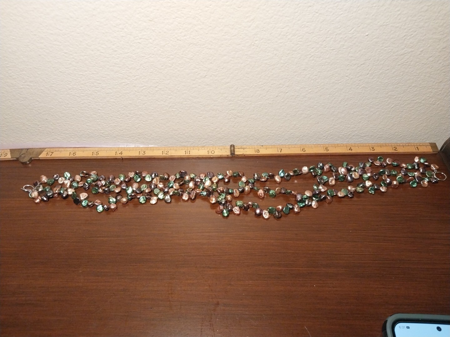 925 Signed Triple Strand Green Brown Champagne Pearl Bead Necklace 17in