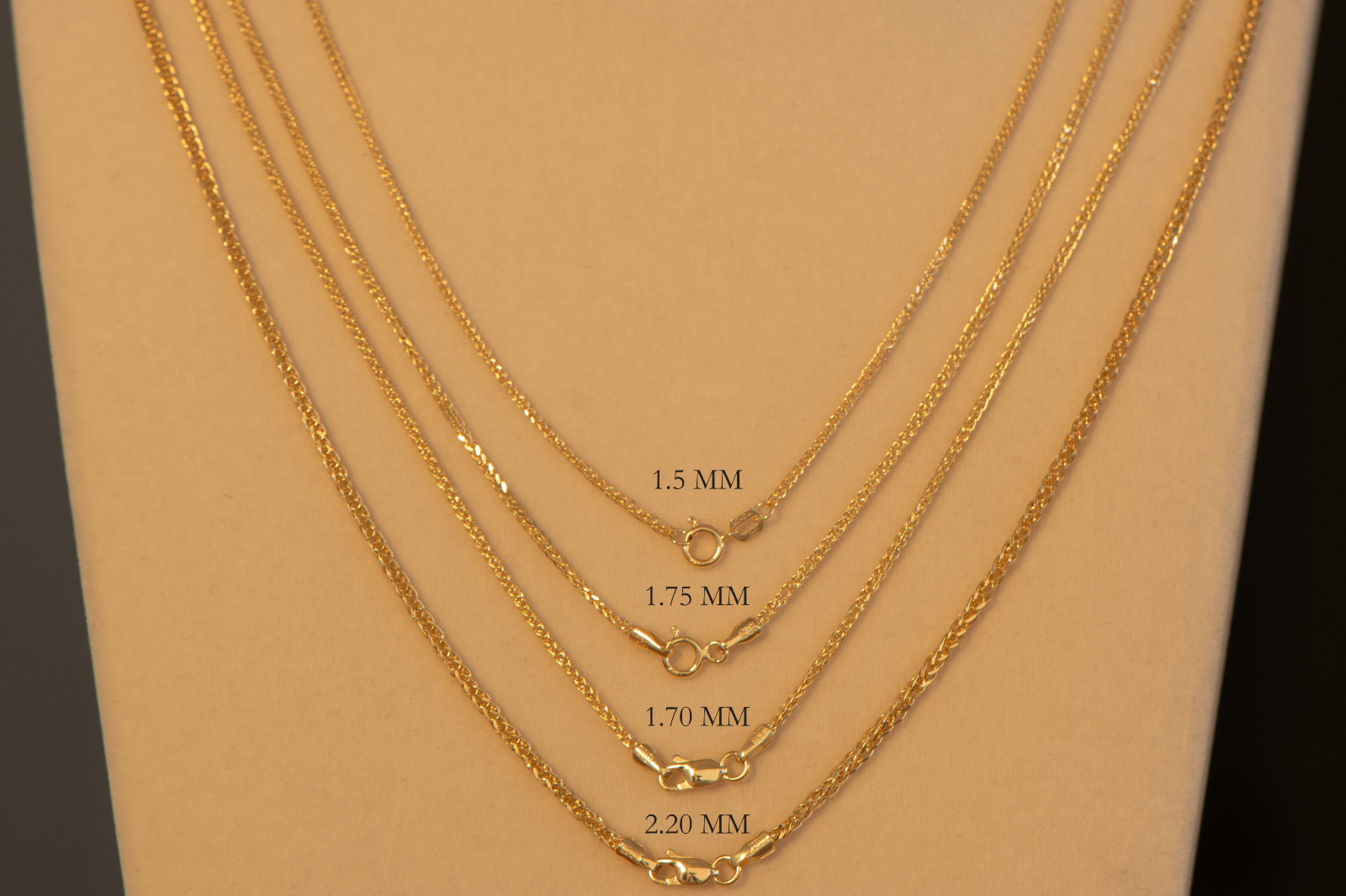 14K Solid Yellow Gold 1.75 mm Square Wheat Chain Necklace 16”,18”,20”,22”,24”