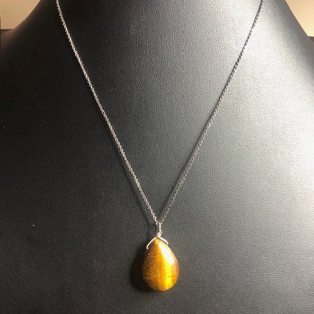B1835 Tiger’s Eye Teardrop Pendant Necklace 925 Sterling Silver Italy Chain 16″