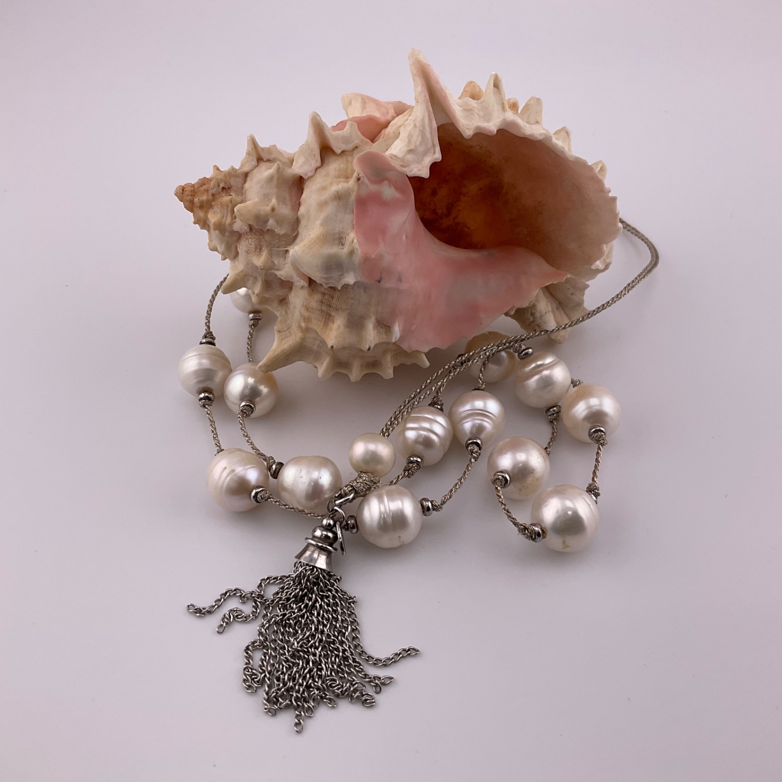 LUC Lucas Lameth Genuine Baroque Pearl Lariat Necklace Sterling Silver Tassel