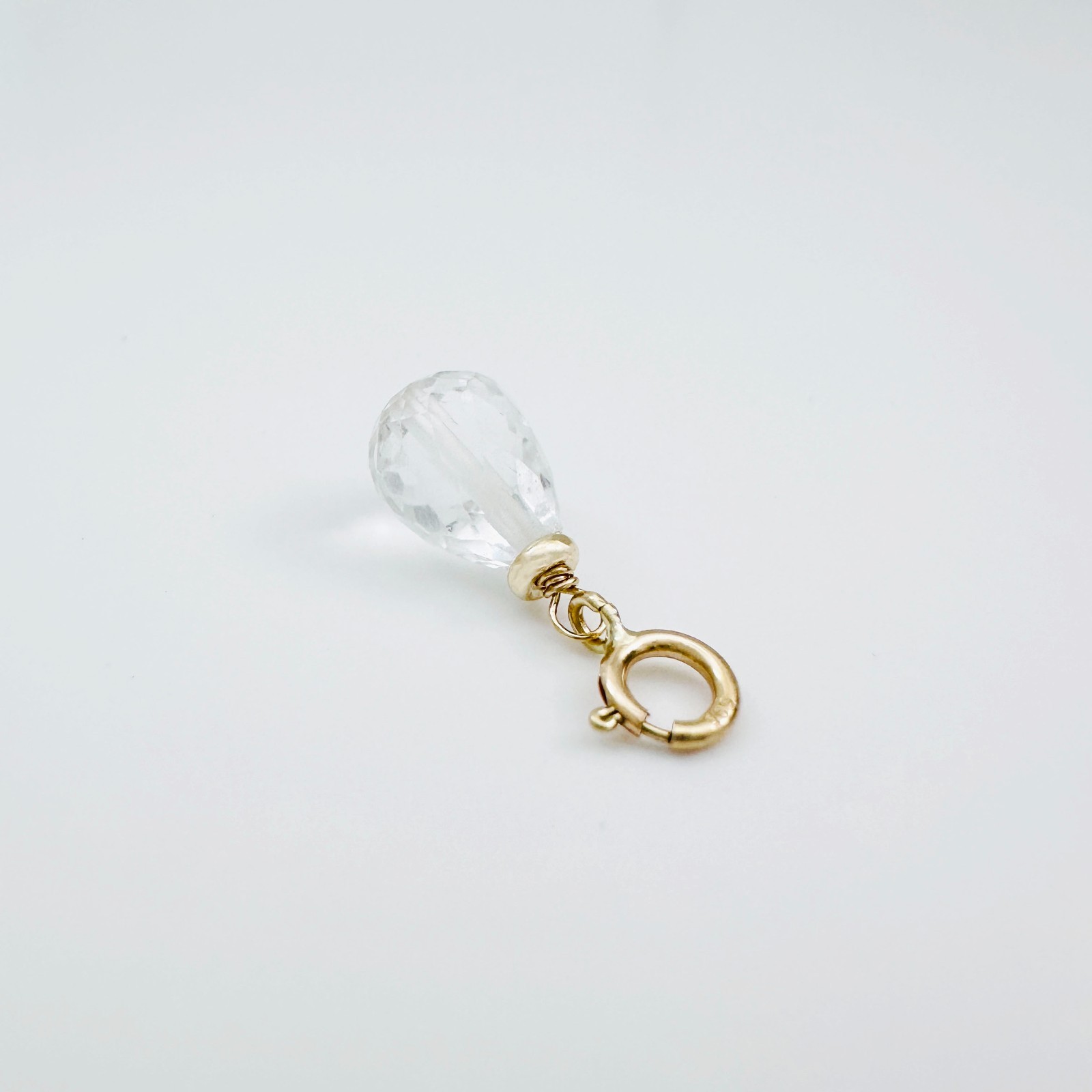 14K Solid Yellow Gold Small Clear Quartz Briolette Charm Pendant w/Spring Clasp