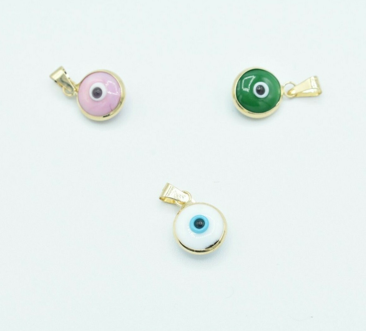 Green, White & Pink Evil Eye Luck Charm Pendant Real 14K Yellow Gold