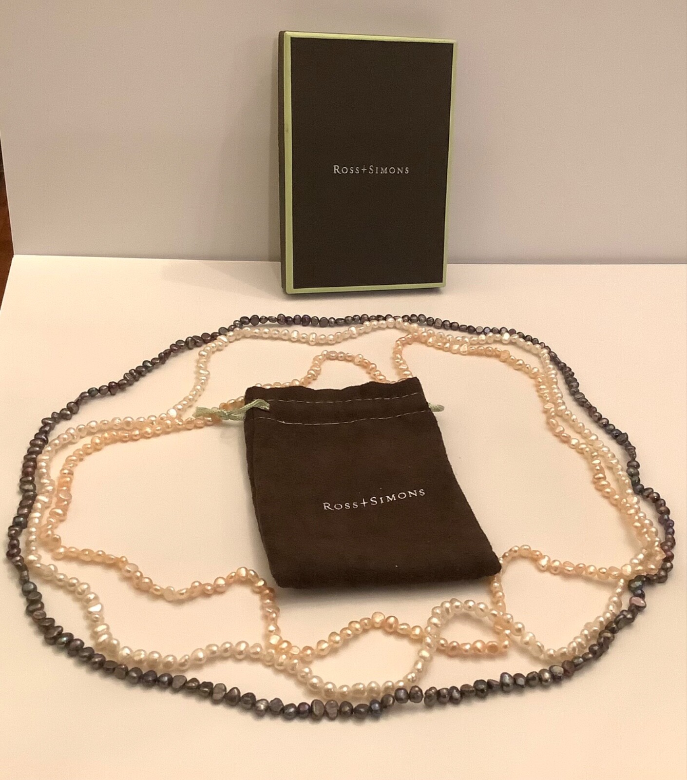 Ross-Simons 3 Single 32 in Fresh Water Black Pink White Pearl Necklaces with Box