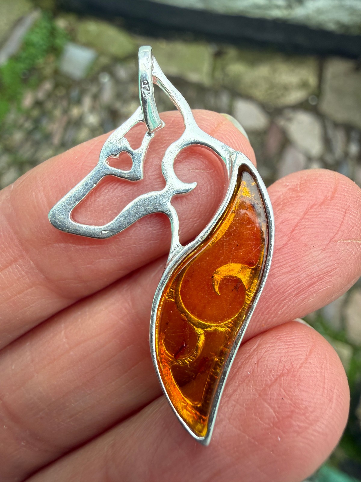 German Shepherd Dog Amber Pendant Crystal Fossil 925 Silver Lithuanian genuine