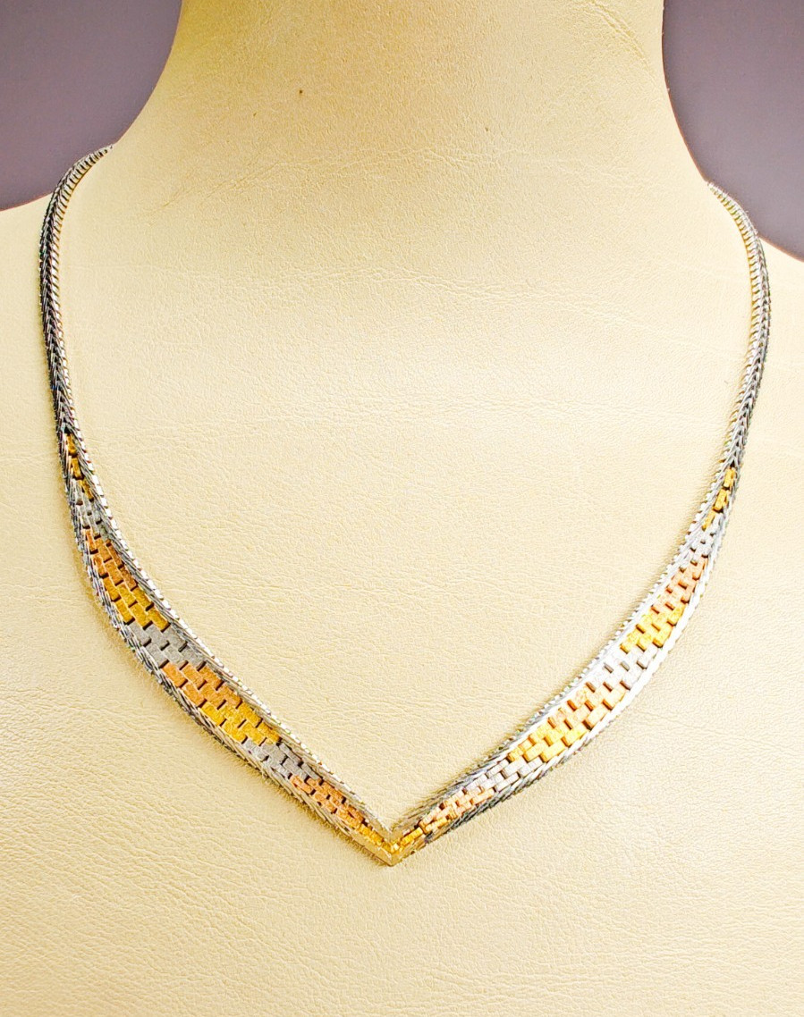 925 Italy Sterling Silver Tri Color Woven V Necklace 16″ Box Clasp 11.88g