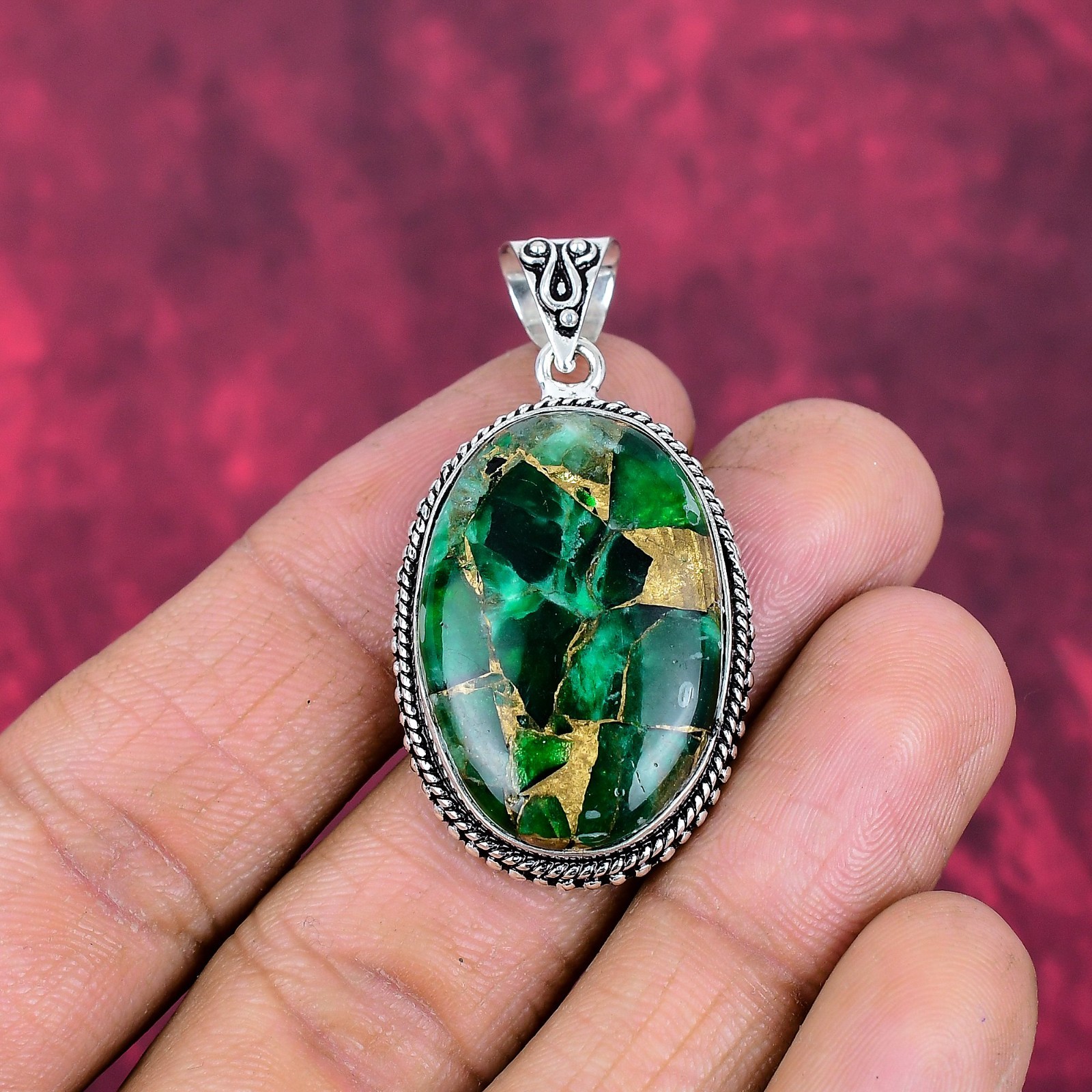 Green Copper Turquoise Gemstone Handmade 925 Sterling Silver Pendant Jewelry