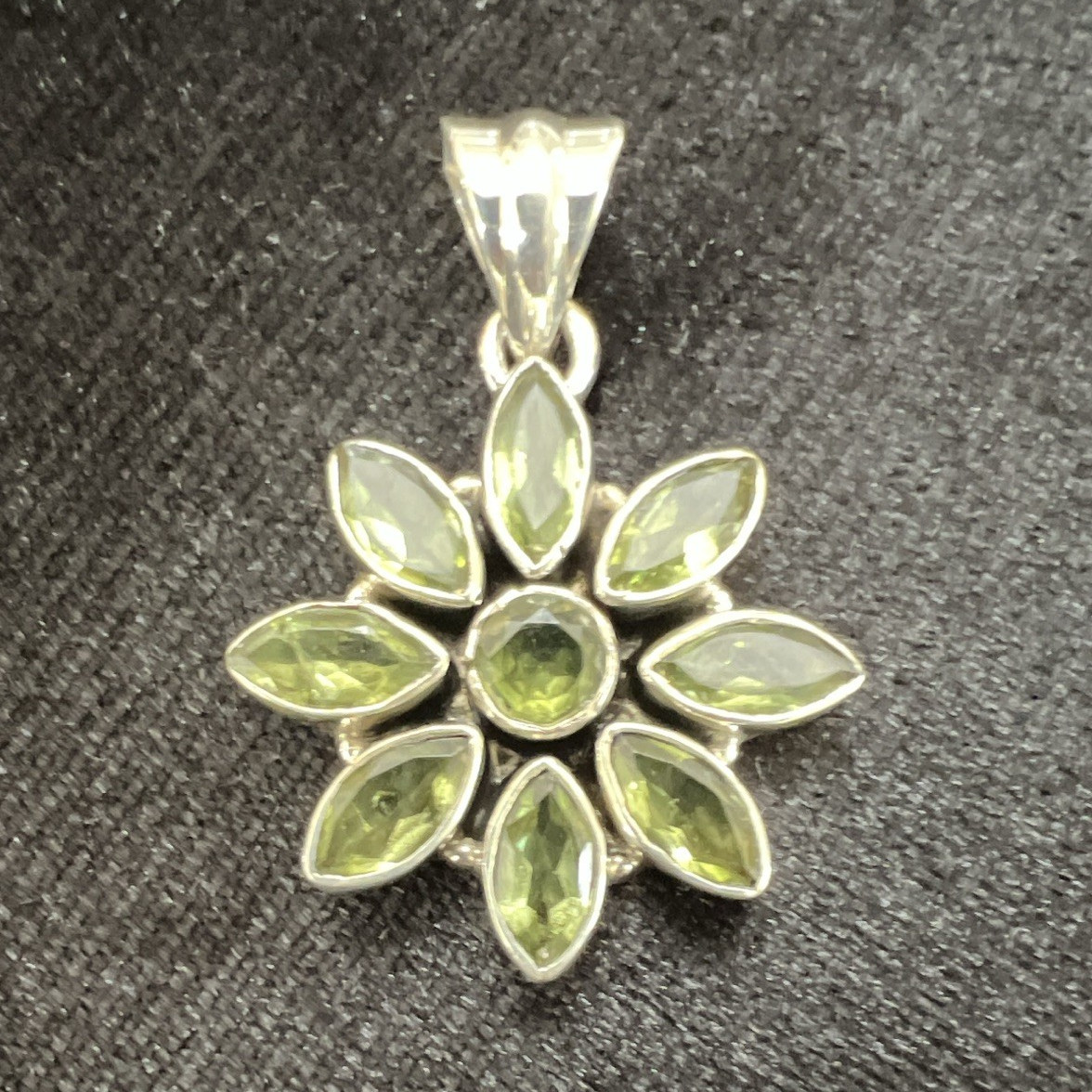 925 Sterling Silver Peridot Marquise Flower Charm Pendant, Bezel Set, Signed
