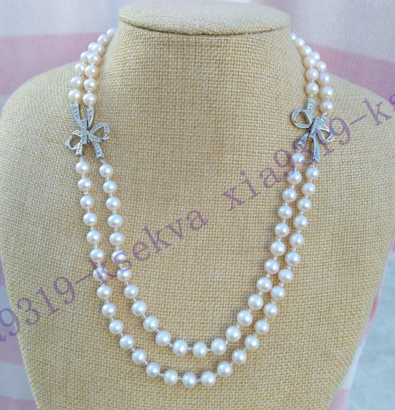 17-18″ Double Strands AAA+ 6-7mm Round AKOYA White Pearl Necklace 14K Gold P
