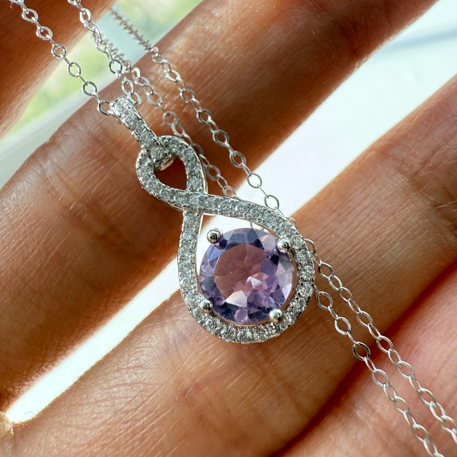 925 Sterling Silver Necklace 6mm Natural Amethyst Gemstone Zircon Purple Chain