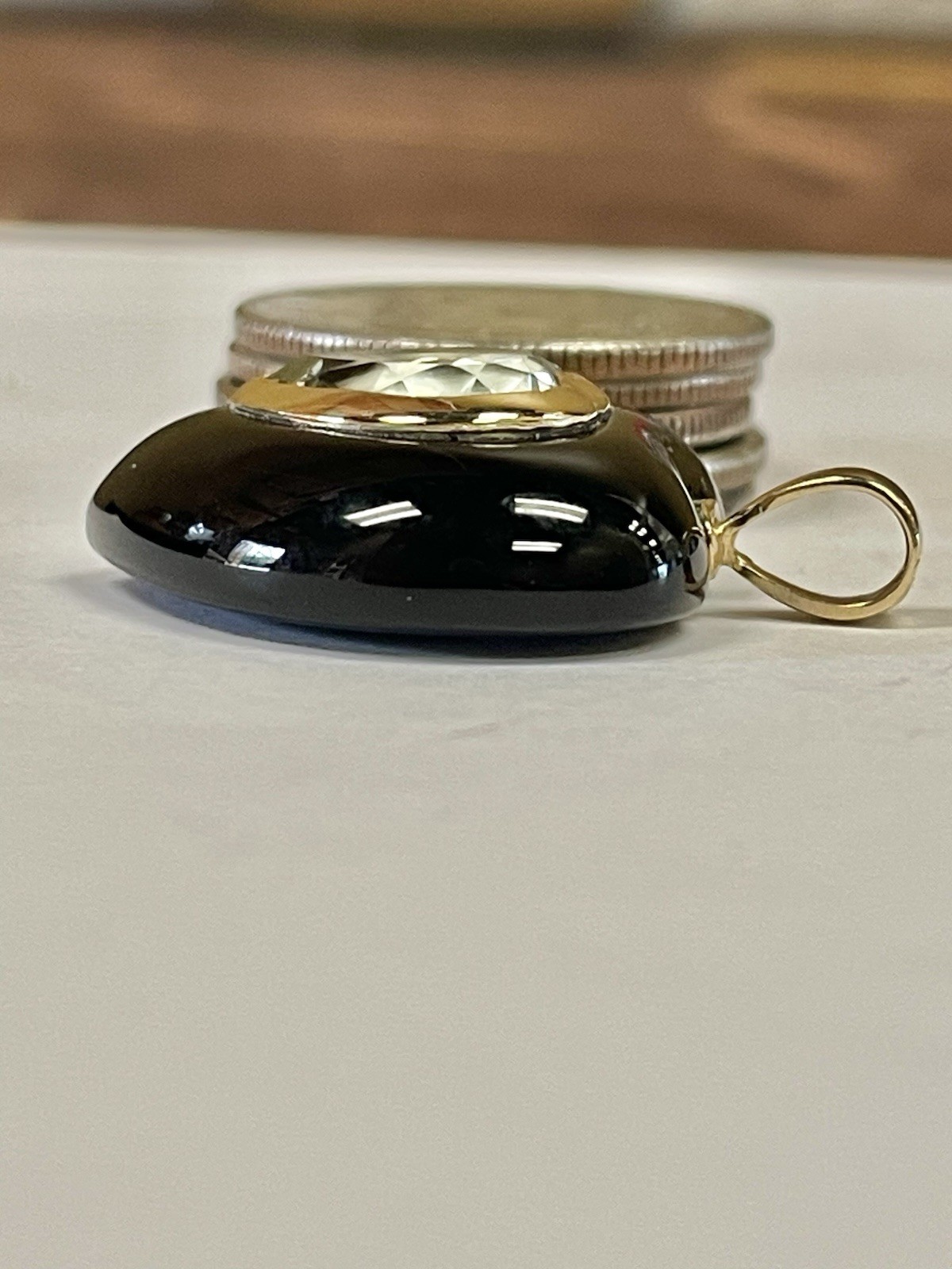 14 K Yellow Gold Ladies Heart Pendant Black Onyx Blue Topaz