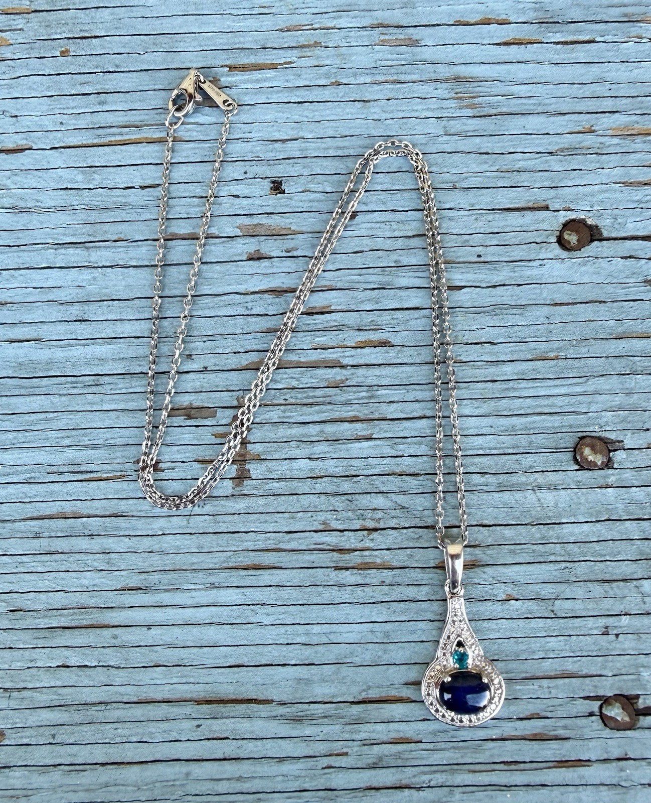 Signed STS 925 Sterling Silver Blue Star Sapphire & Apatite Pendant Necklace 18”