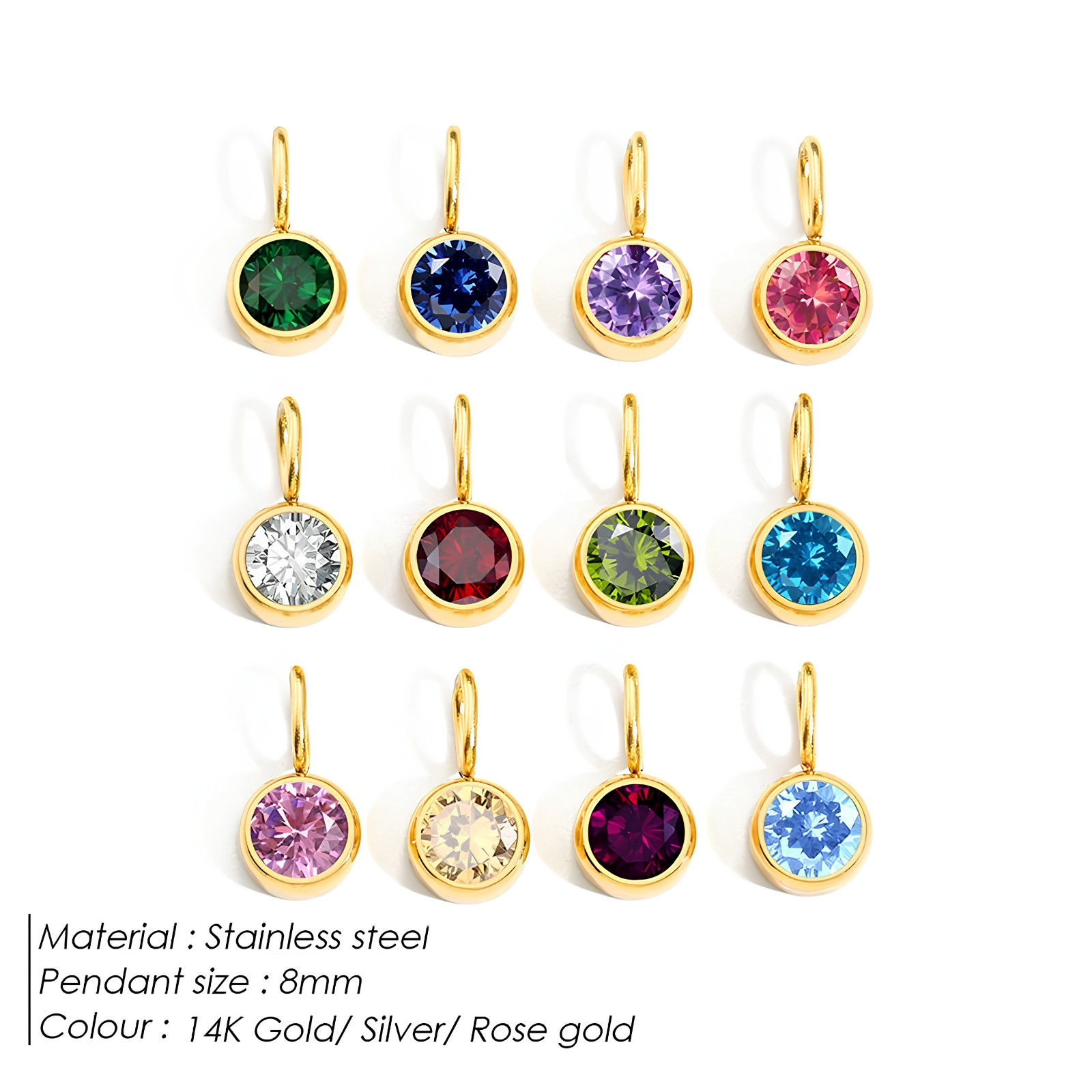 925 Sterling Silver Birthstone Dangle Charm Pendant 18k Gold Plated CZ Gift