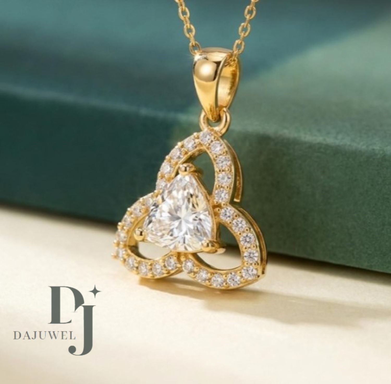 2.80 Carat Trillion Cut Moissanite Floral Wedding Pendant Solid 14K Yellow Gold
