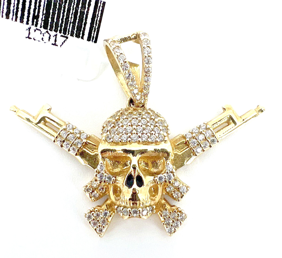14K Solid Yellow Gold Skull Crossed Rifles Pendant CZ Pave Outlaw Guns
