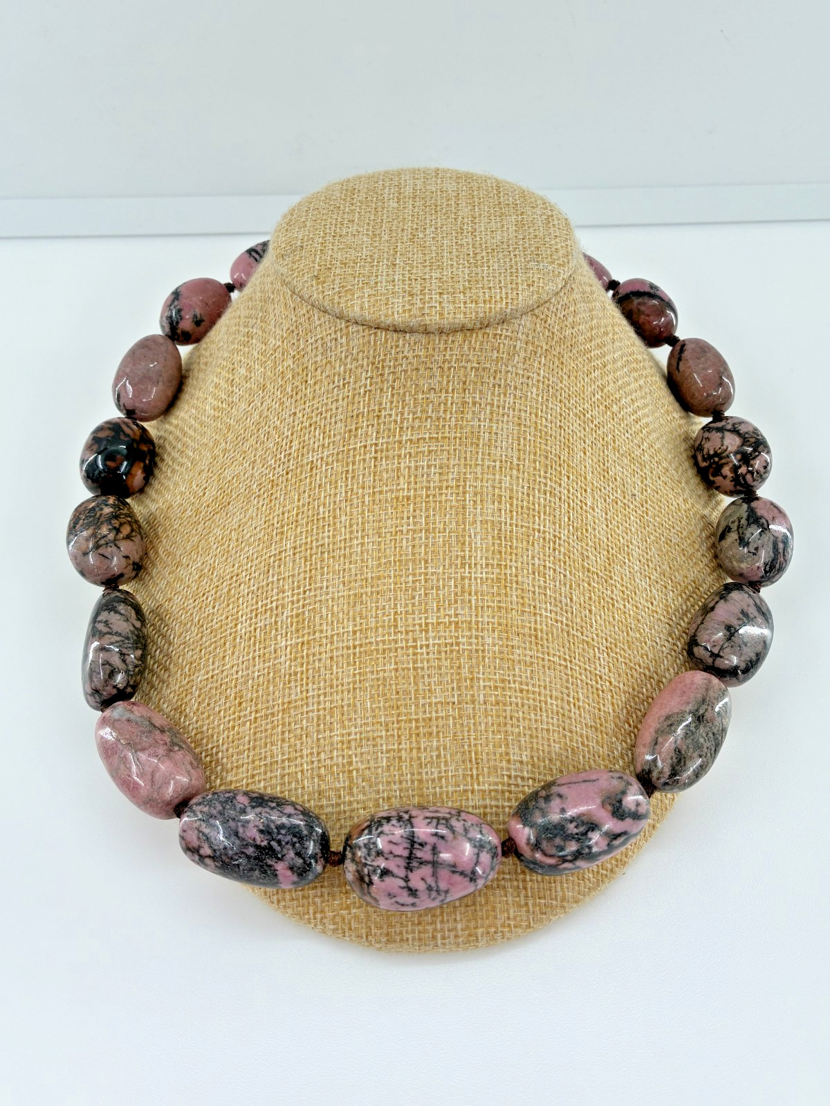 Rhodonite Leopard Skin Graduated Nuggets Beaded Chain Necklace Sterling 20in 925