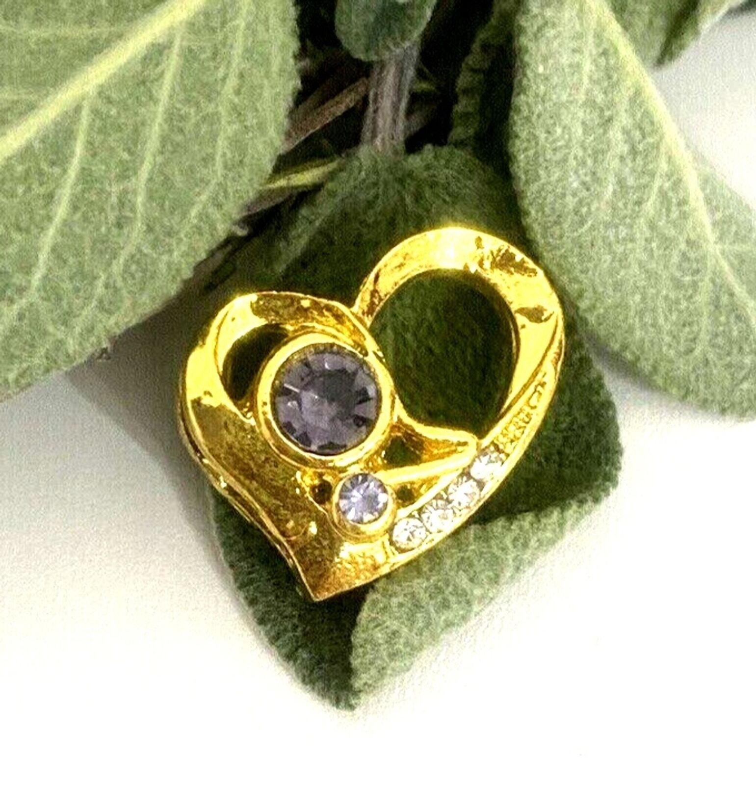 Gold Heart Pendant, 18K Yellow Gold on Silver, Amethyst Stones & Pave Crystals