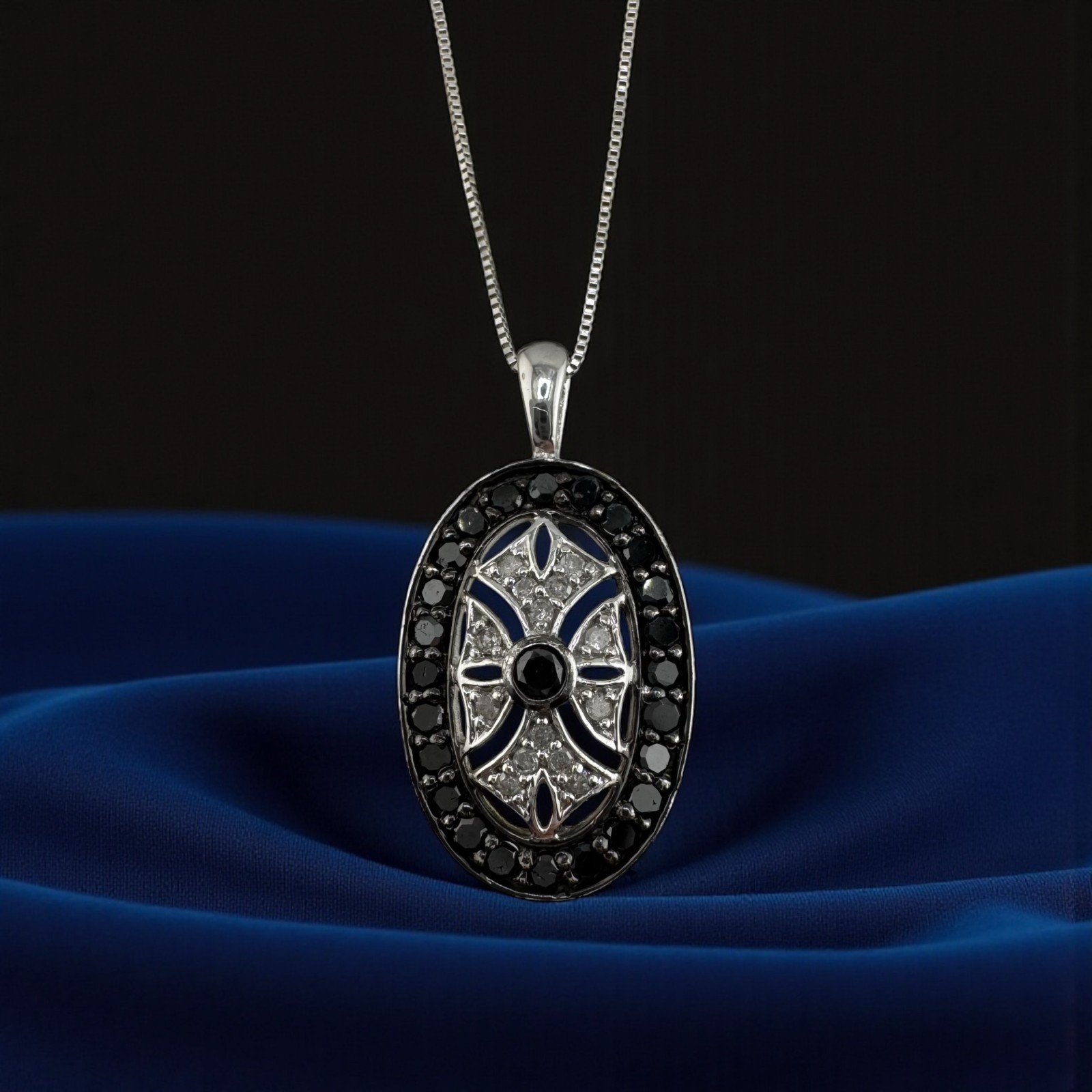Vintage Inspired 10k White Gold Black Sapphire Diamond Pendant Necklace 18″ 2.1g
