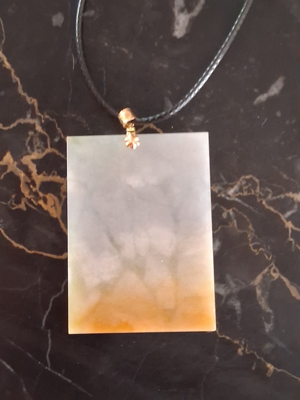 Certified Rectangle Jade Pendant Necklace 18k Yellow Gold Bail Black Cord Signed