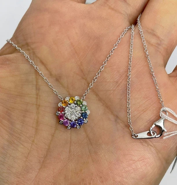 1.20Ctw Round Lab Created Multicolor Flower Pendant 14K White Gold Plated Chain
