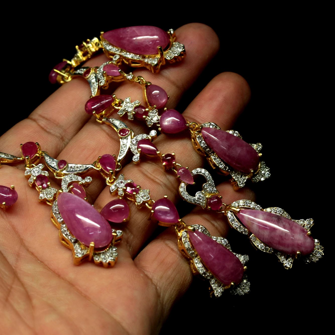 925 Sterling Silver Pink Red Ruby & Cubic Zirconia Necklace 19 in 18K Gold